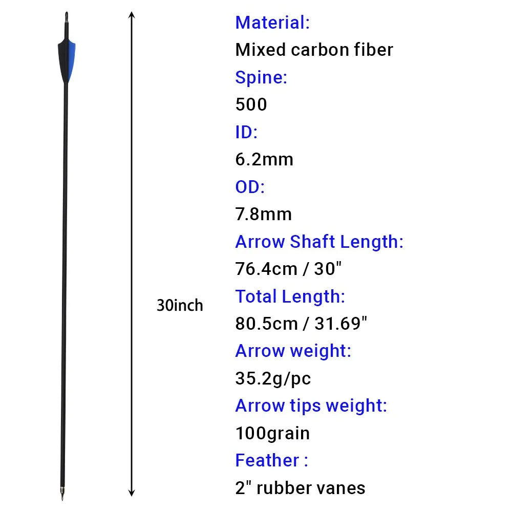 12pcs 30" Carbon Arrows SP500 Vanes Compound Recurve Bow Hunting Archery Target 2'' Rubber Vanes Carbon Fiber Arrow Shaft