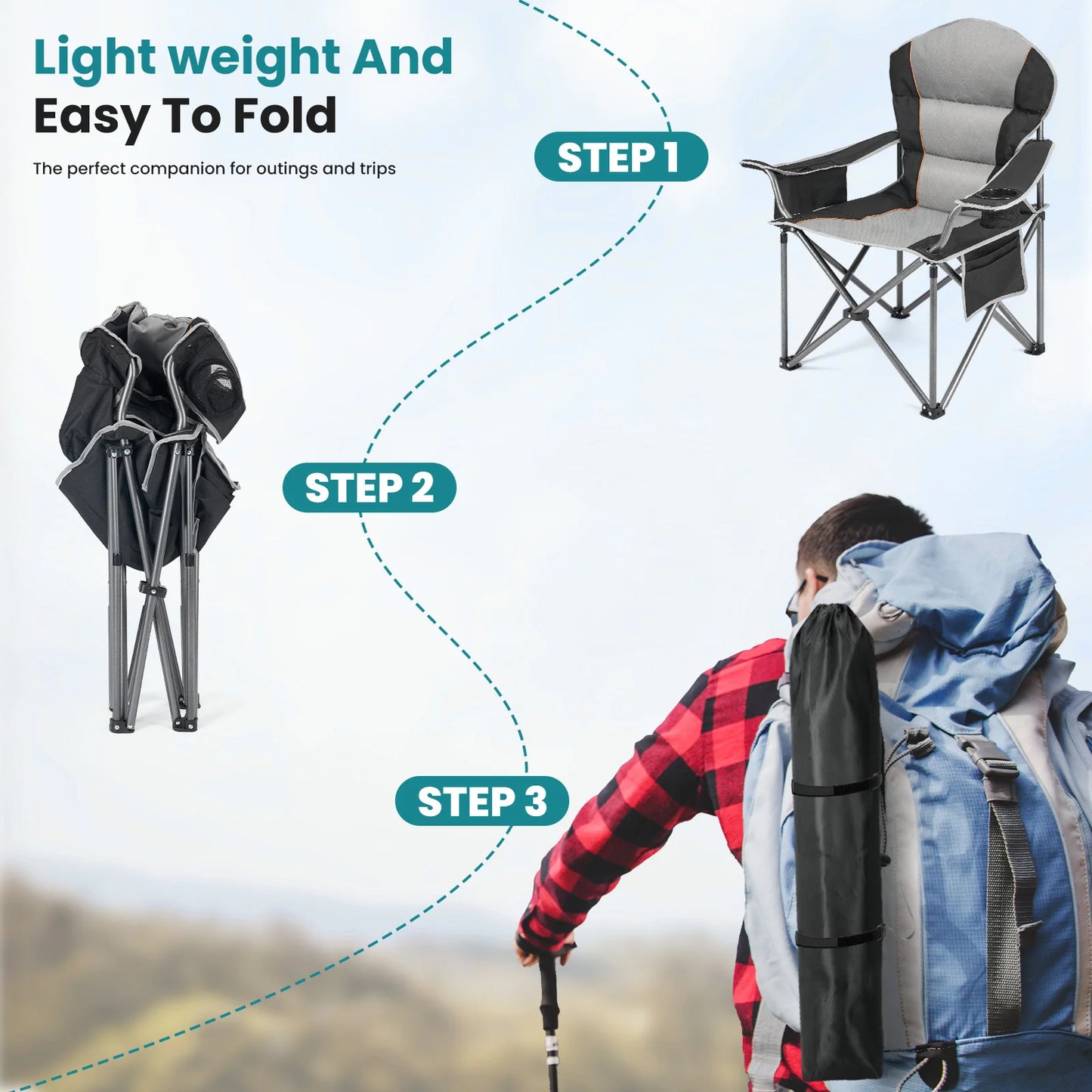 JHK Heavy Duty Camping Chair 450lbs Capacity Portable Folding Chair with Cup Holder Sturdy Steel Frame Outdoor Chair for Camping