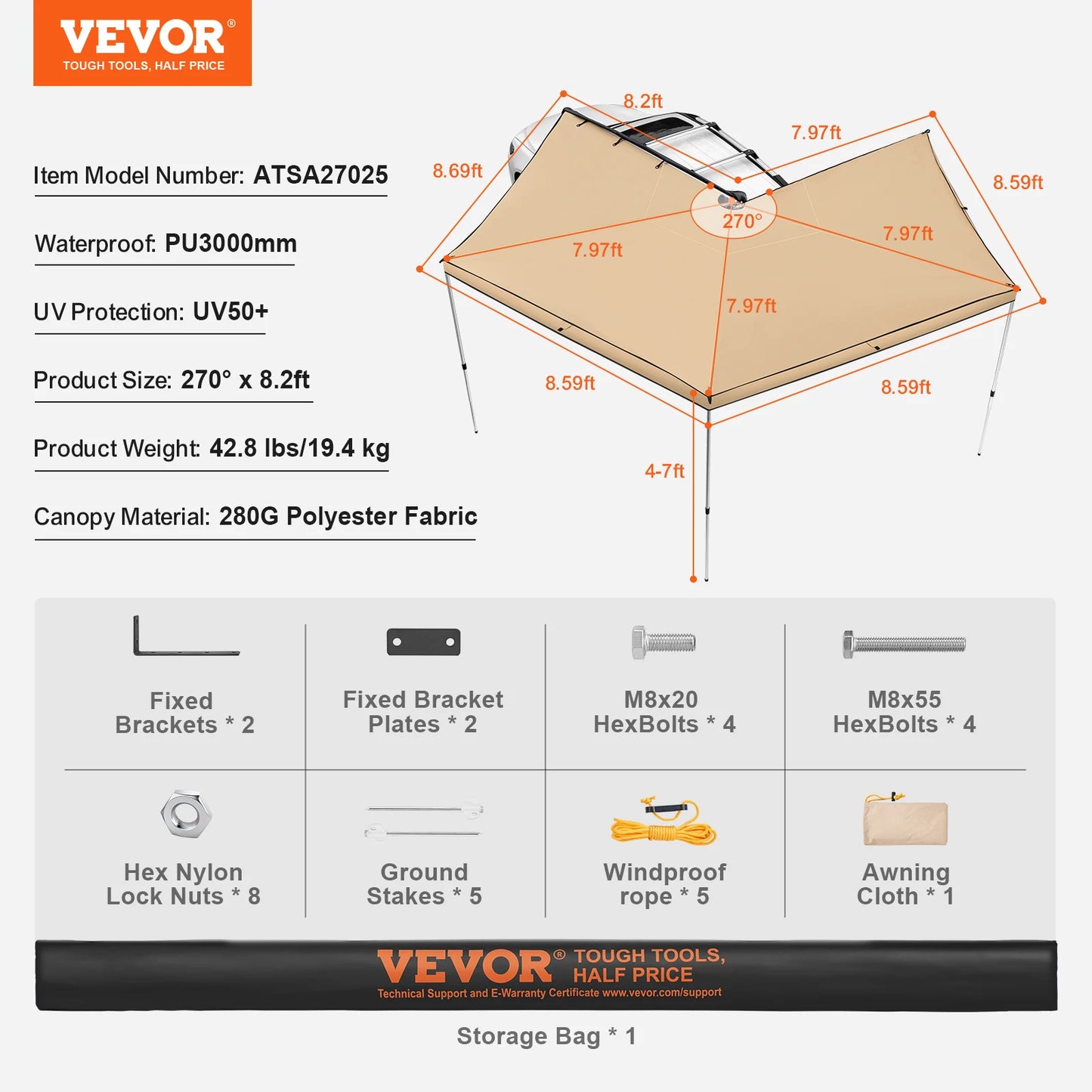 SucceBuy Vehicle Awning Retractable Car Side Awning Car Awning with Waterproof Storage Bag Suitable for Truck SUV Van Campers