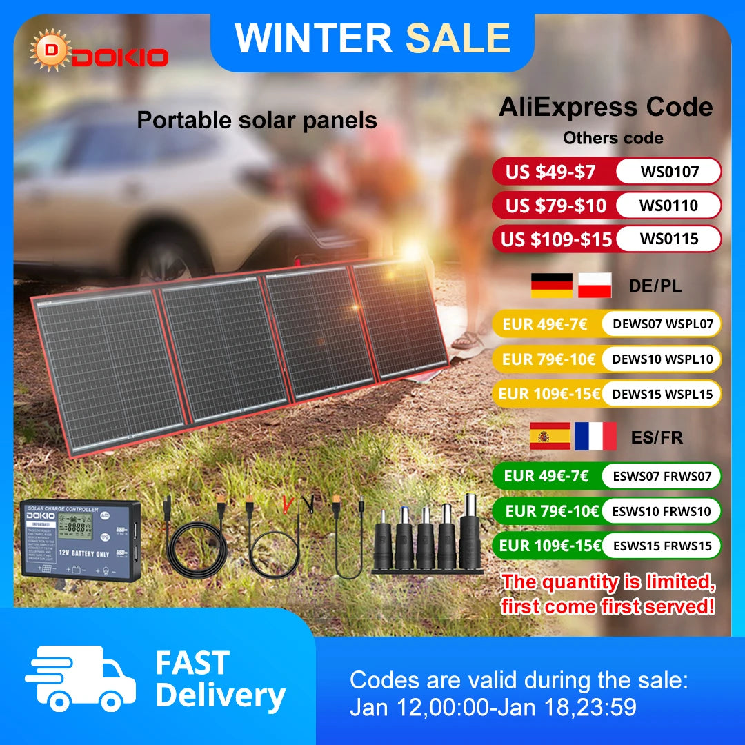 Dokio 100/160/200/300W Portable Flexible Foldable 18V Solar Panel with 12V Controller Kit for Camping Battery Charging
