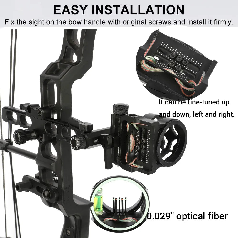 Archery Compound Bow Sight 5 Pin Micro Adjustable Sight Light Archery Hunting Shooting Ambidextrous Black Fixed Pin Sight