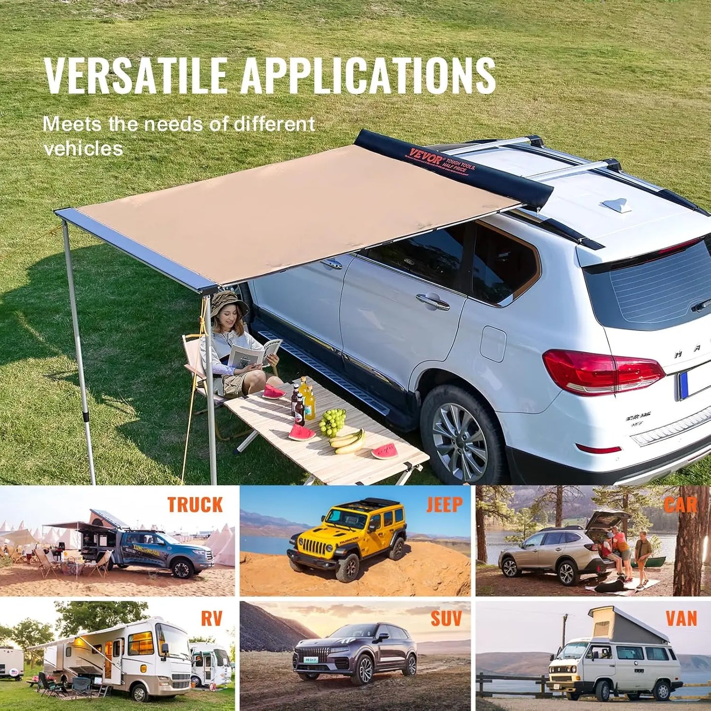 6.6'x8.2' Retractable SUV Awning with UV50+ & Waterproof Storage, Easy Setup for Camping