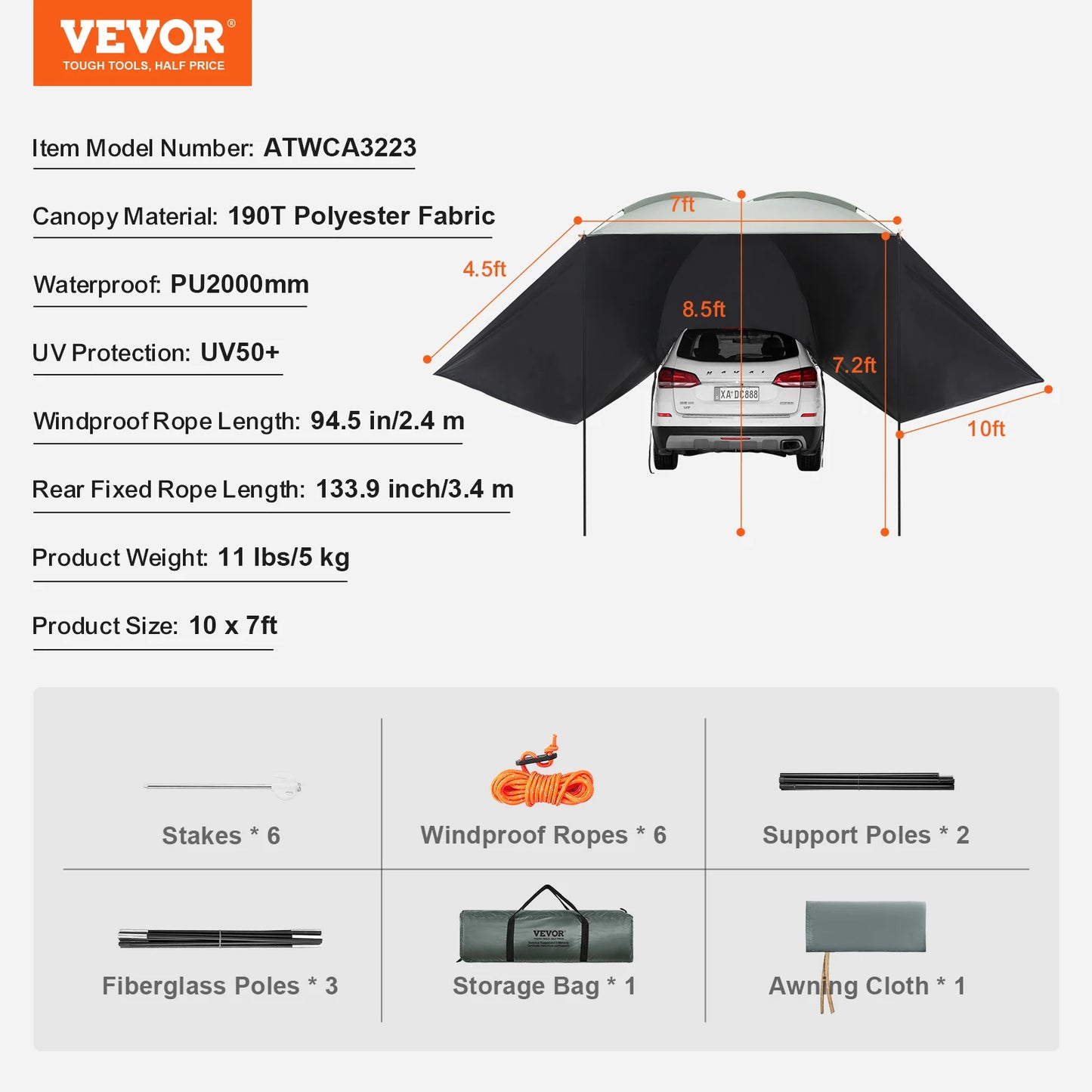 SucceBuy Vehicle Awning Retractable Car Side Awning Car Awning with Waterproof Storage Bag Suitable for Truck SUV Van Campers