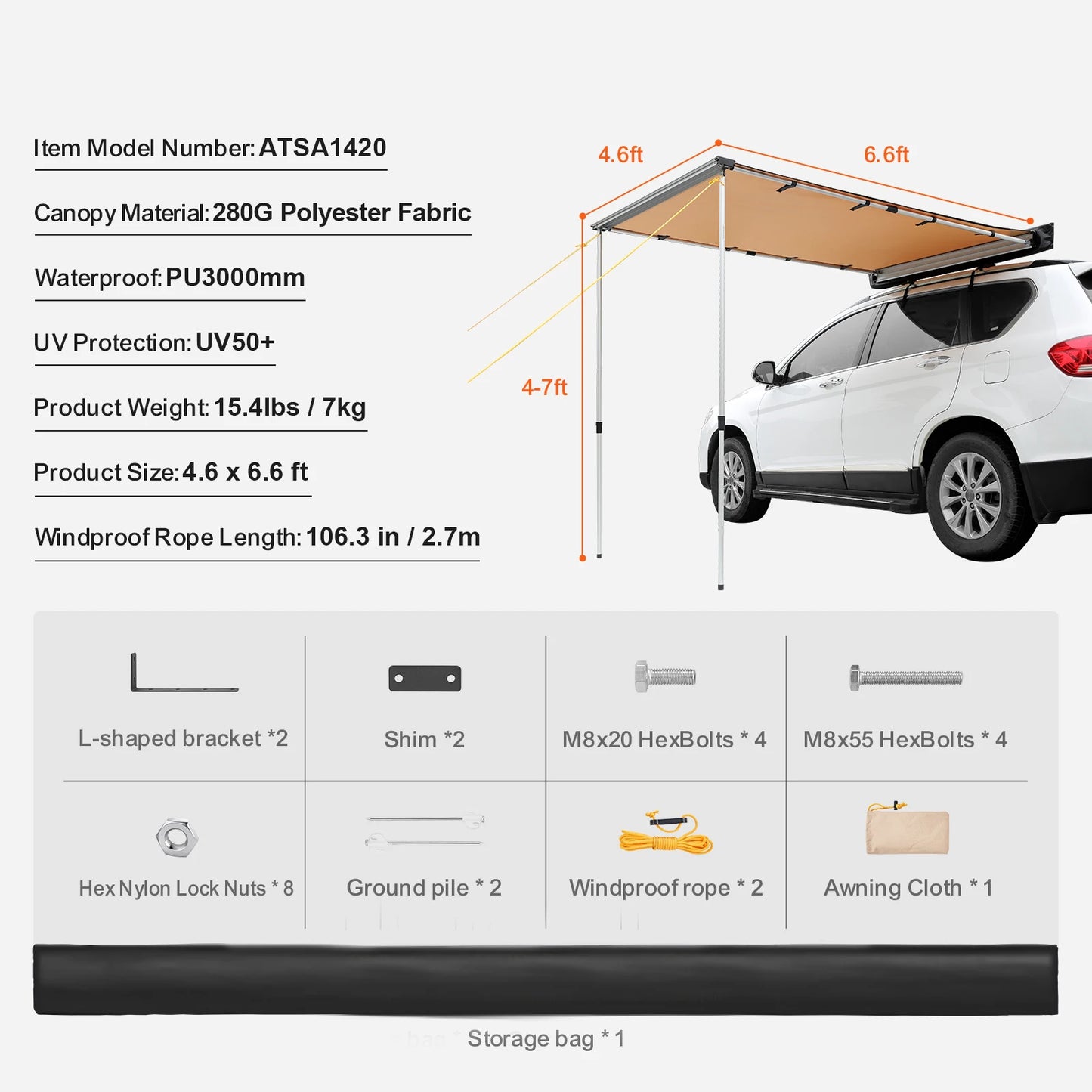 VEVOR Vehicle Awning Retractable Car Side Awning Car Awning with Waterproof Storage Bag Suitable for Truck SUV Van Campers