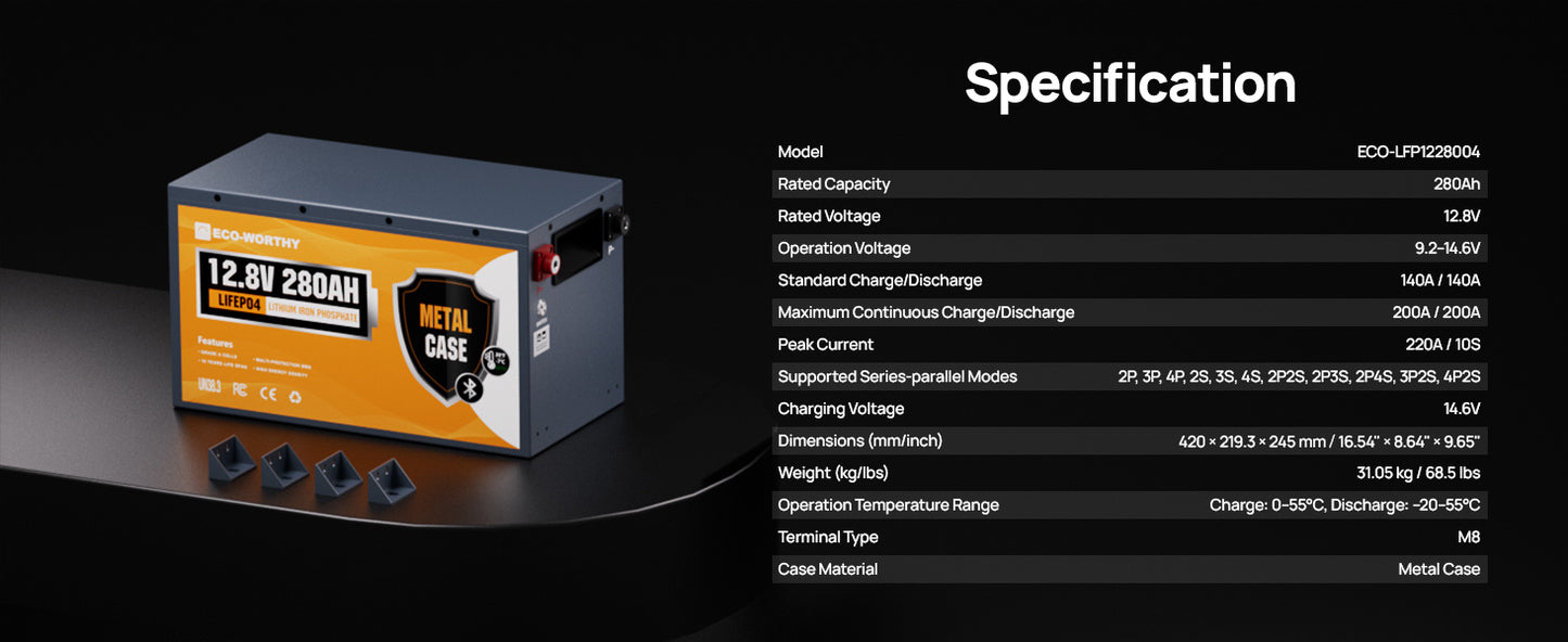 ECO-WORTHY 3584Wh 12V 280Ah Metal Case LiFePO4 Battery w/Bluetooth & Low Temp Cutoff - Built-in 200A BMS - Deep Cycle for Camper, Traile