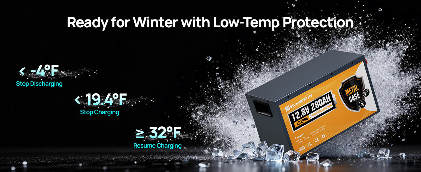 ECO-WORTHY 3584Wh 12V 280Ah Metal Case LiFePO4 Battery w/Bluetooth & Low Temp Cutoff - Built-in 200A BMS - Deep Cycle for Camper, Traile