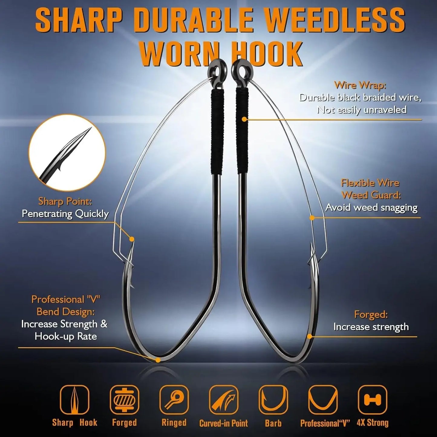 Dovesun Weedless Worm Hooks Wacky Rig Hooks Texas Rig Hooks 30PCS Professional V Bass Fishing Hooks for Freshwater Saltwater