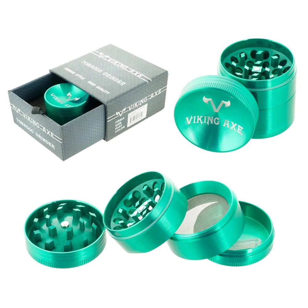 1.5" Sunken VIKING AXE Gunmetal Grinder 4 Piece Spice Gift Box Green Color