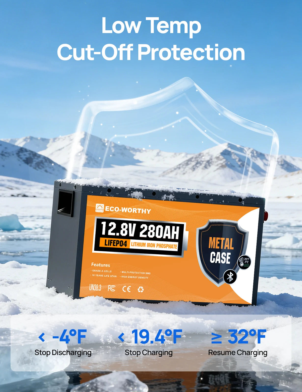 ECO-WORTHY 3584Wh 12V 280Ah Metal Case LiFePO4 Battery w/Bluetooth & Low Temp Cutoff - Built-in 200A BMS - Deep Cycle for Camper, Traile