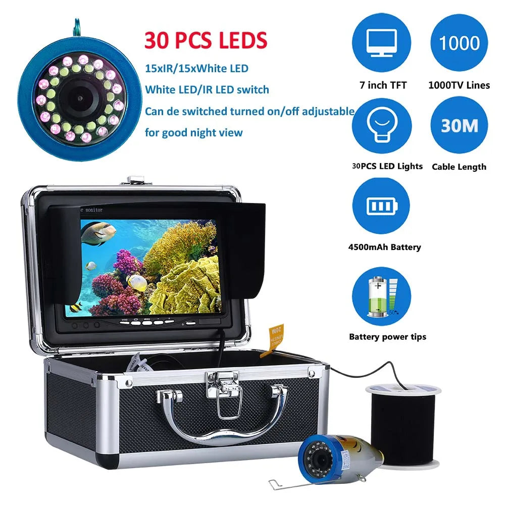 Fish Finder Underwater Fishing Camera 7 Inch 1000TVL Waterproof Video Underwater Camera 30 PCS Lamps ICE Fishing