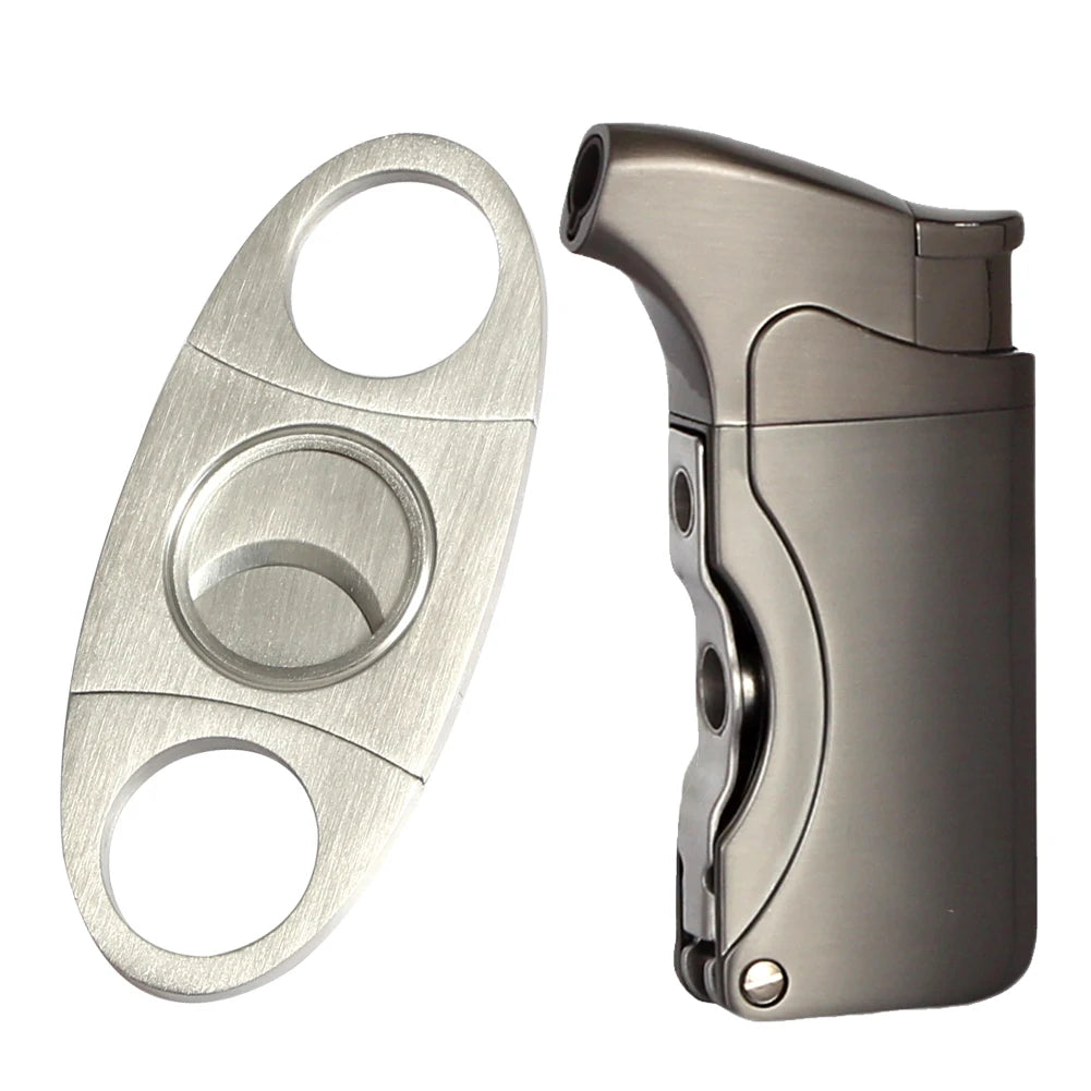 Windproof Butane Lighter Cutter Cigar Accessories Set Metal  Gas Torch Lighters Stainless Steel Sharp Cigar Cutter