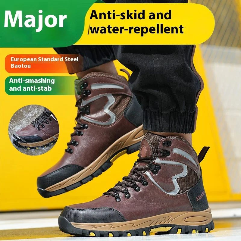 Waterpoof Leather Safety Shoes Men Steel Toe Work Shoes Anti-smash Anti-puncture Indestructible Shoes Protective Boots