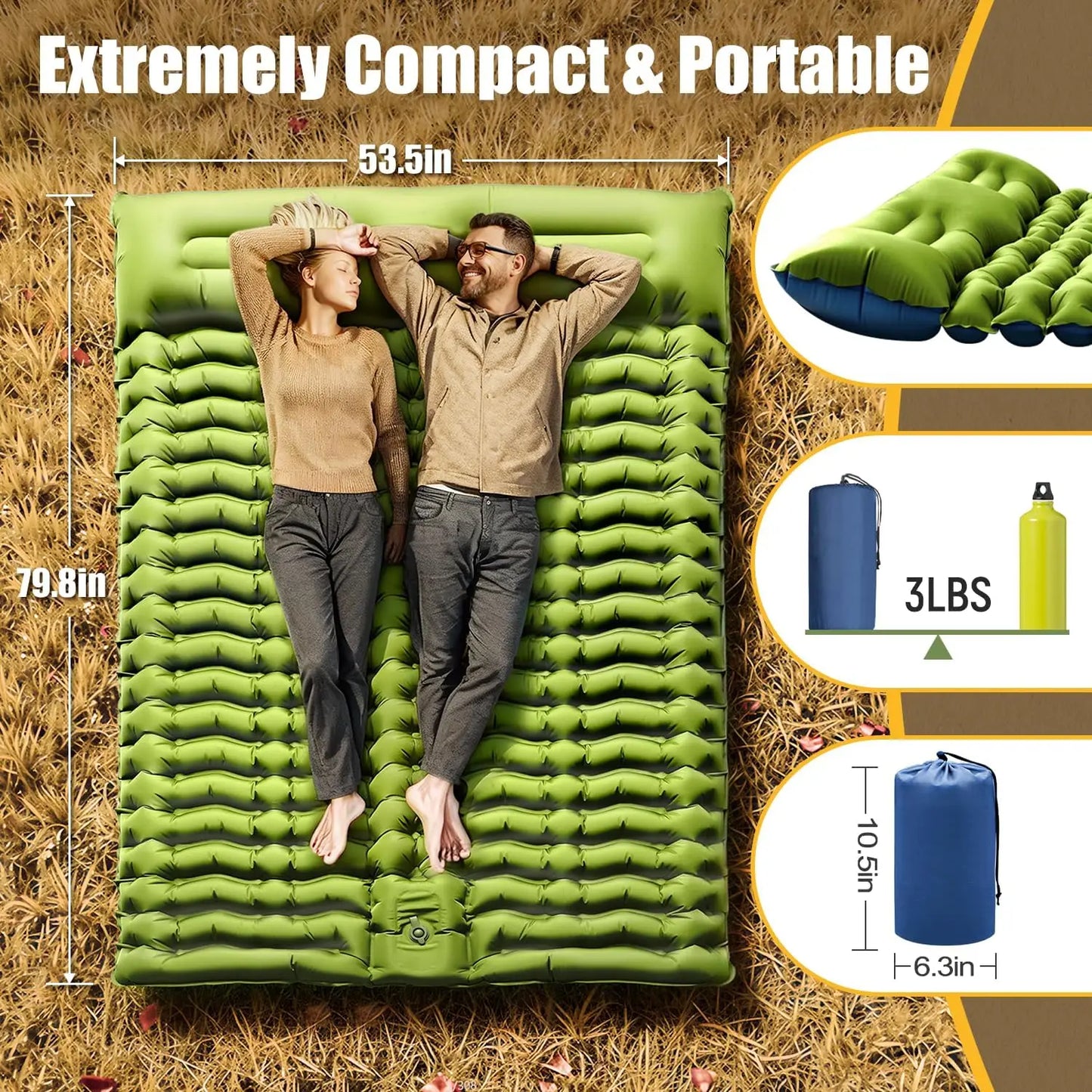 Self-Inflating 4" Thick Double Sleeping Pad with Built-in Pillow & Foot Pump for Camping Hiking Travel