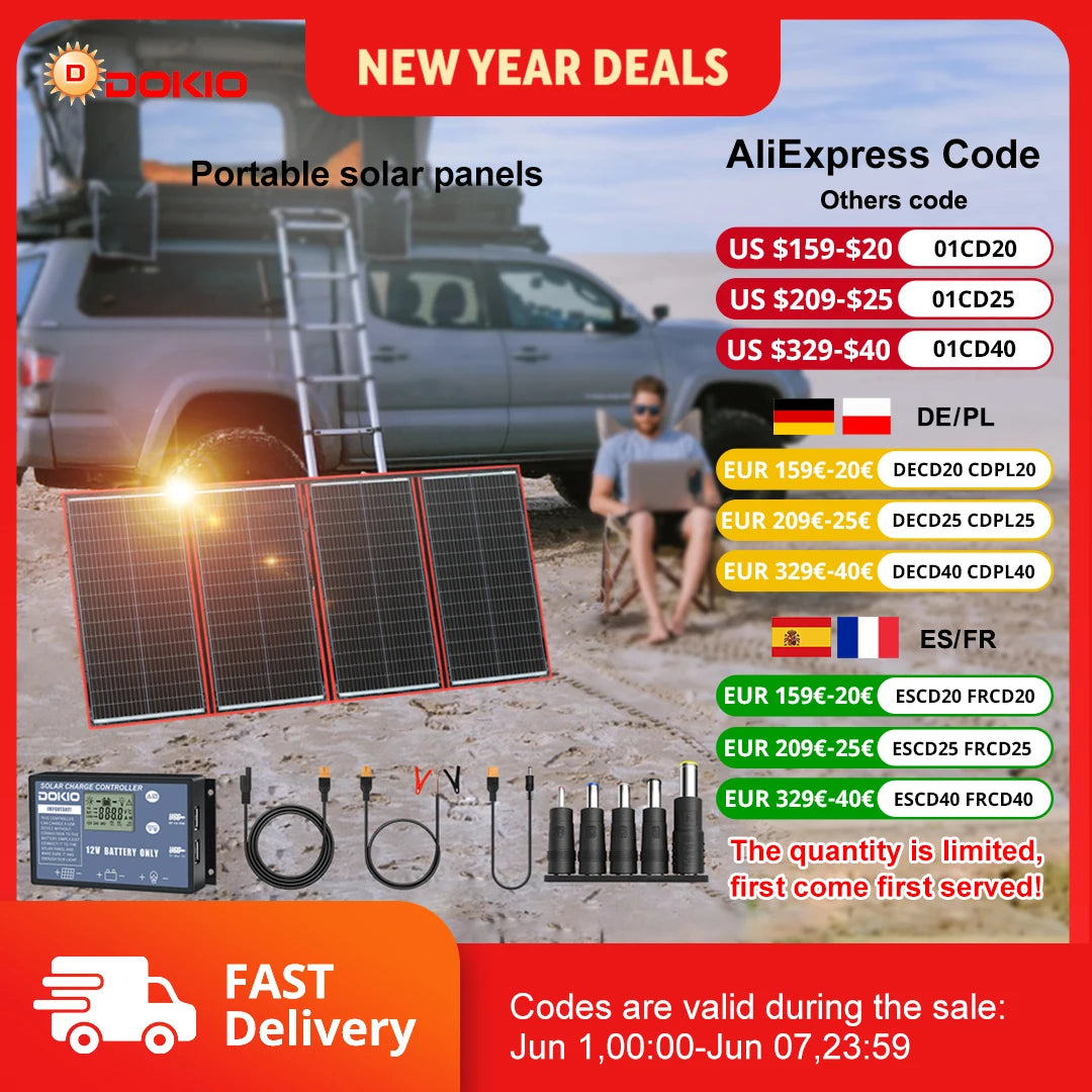 Dokio 300W 18V Portable Foldable Solar Panel  with 12V Controller Suitable for Family Camping Trips