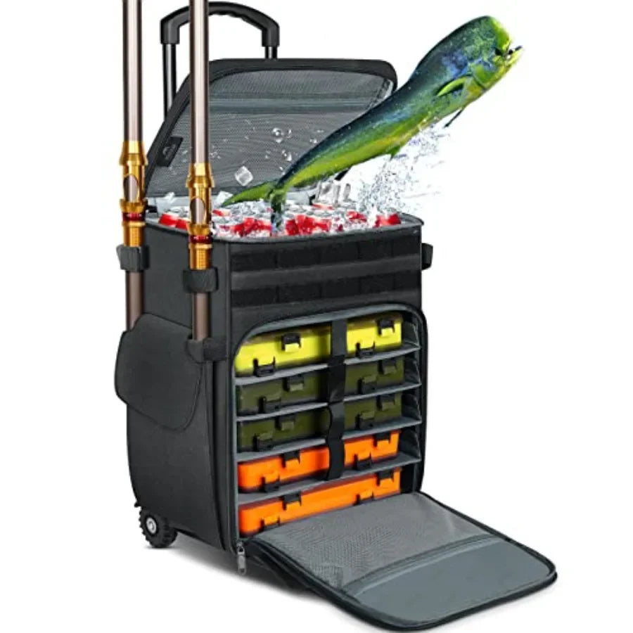 Rolling Tackle Box with Cooler Large Fishing Bag with Wheels Ideal for Outdoor Adventures and Day Trips Insulated Cooler Compar