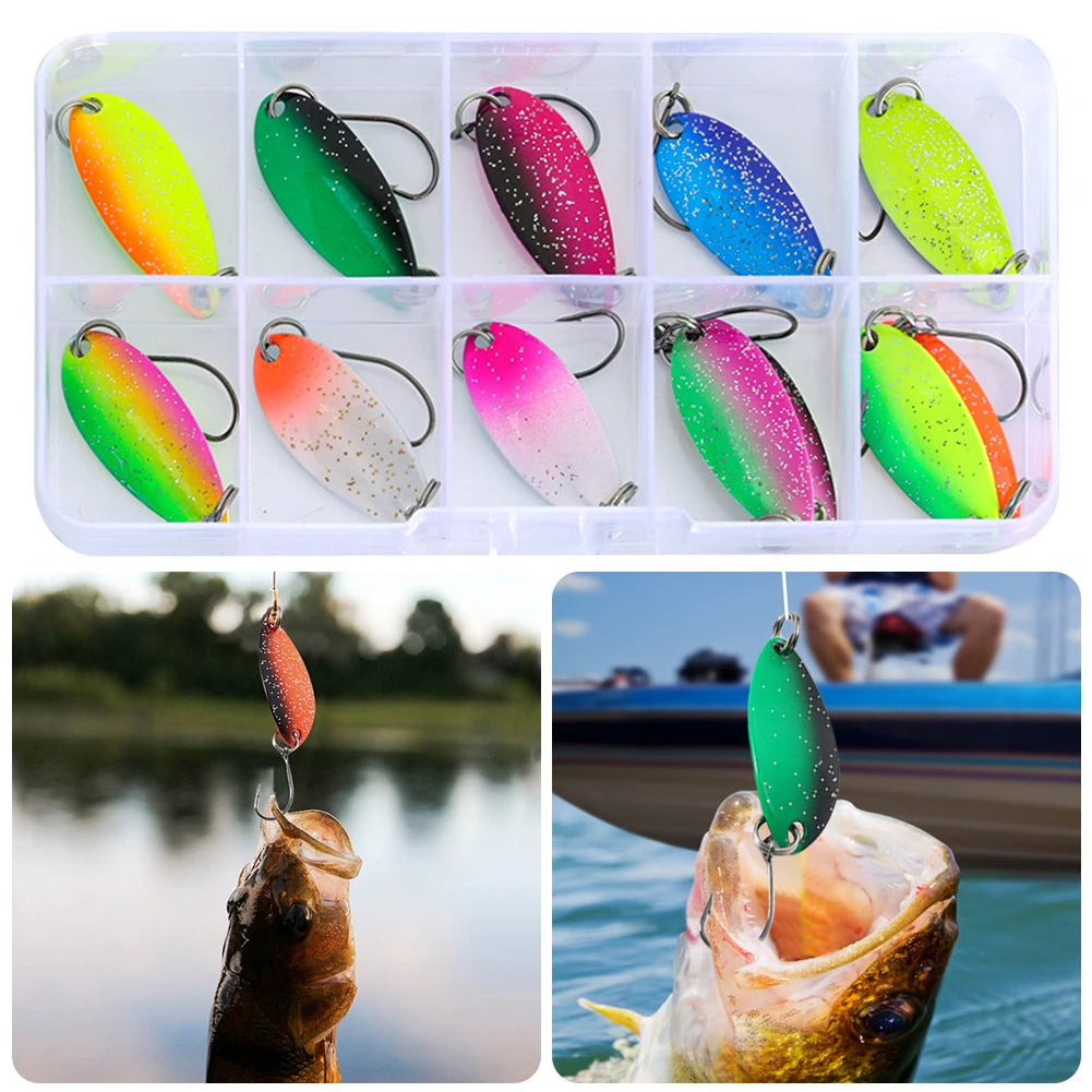 12Pcs Spinner Spoon Fake Trout Bait with Single Hook Sequins Hard Bait Colored Spinner Fishing Lure for Freshwater Saltwater