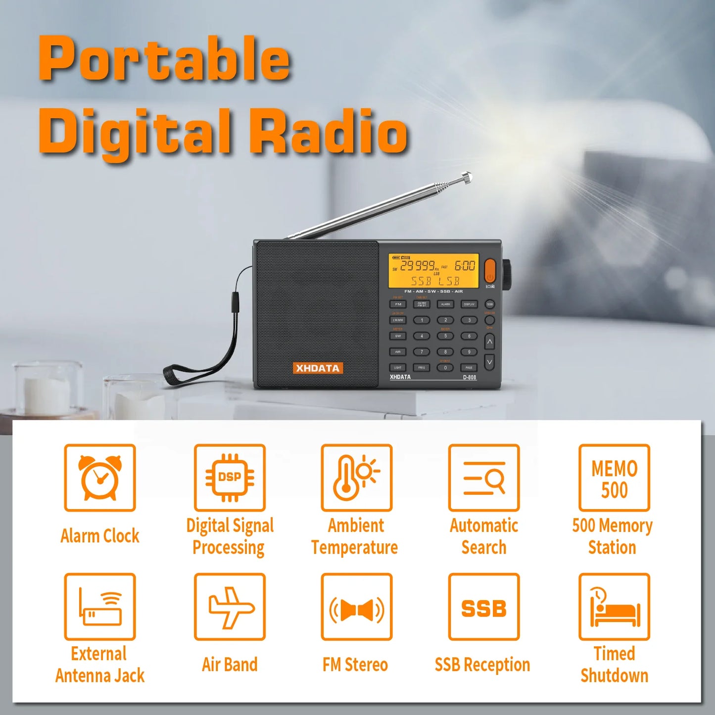 XHDATA D808 Professional AM FM SW MW AIR SSB RDS Radio Long Range Reception Portable Rechargeable Multiband Radio Stereo Sound