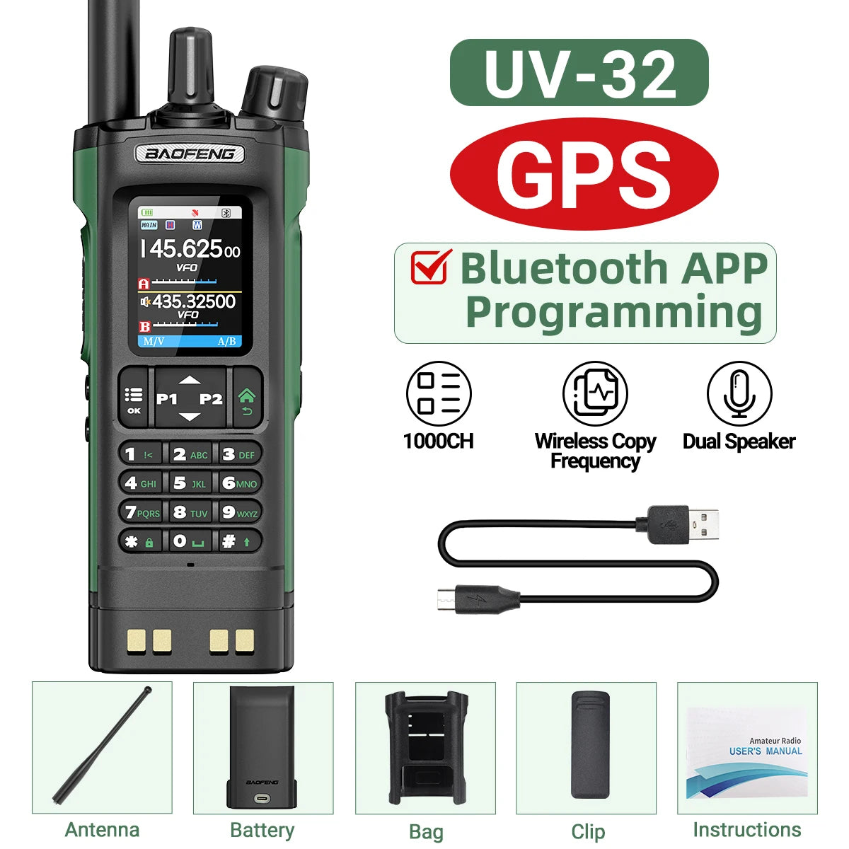 BAOFENG UV-32 GPS Walkie Talkie 10W Multi Band Bluetooth Programming Wireless Copy Frequency NOAA Long Range Ham Two Way Radio