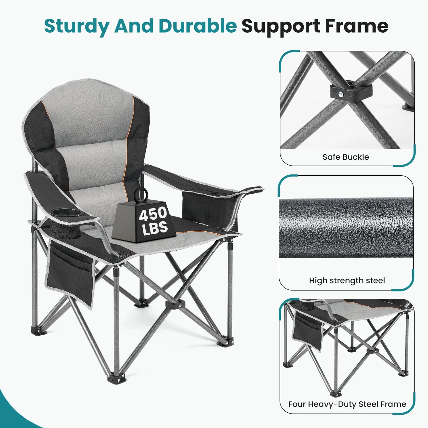 JHK Heavy Duty Camping Chair 450lbs Capacity Portable Folding Chair with Cup Holder Sturdy Steel Frame Outdoor Chair for Camping