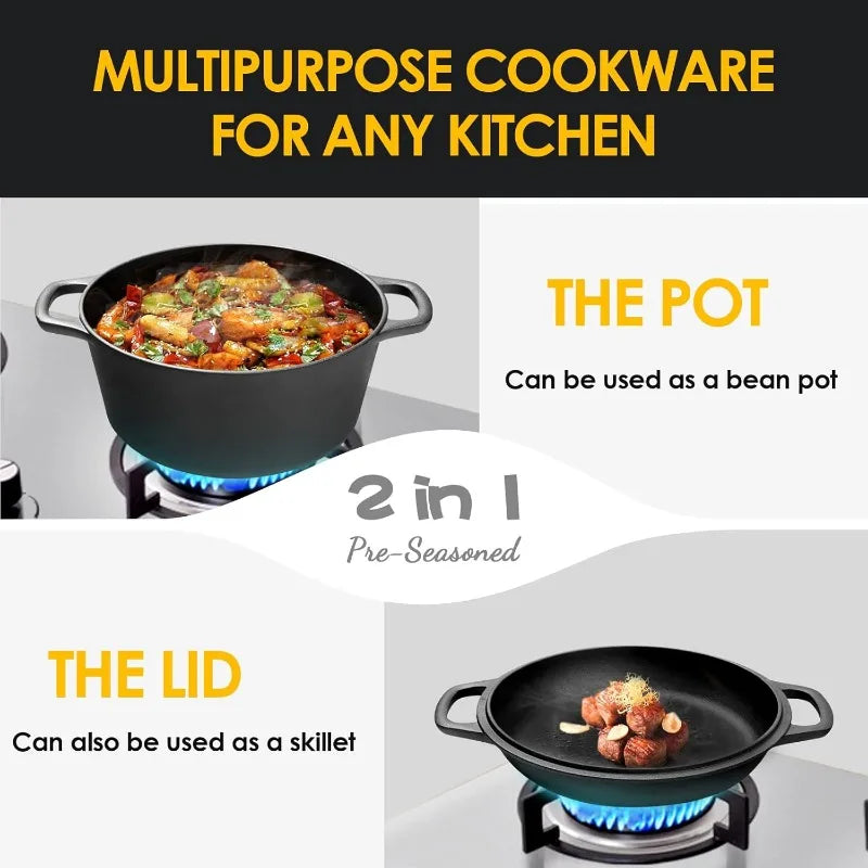 2-in-1 Pre-Seasoned Cast Iron Dutch Oven Frying, Baking, Camping, BBQ, 5QT，home.