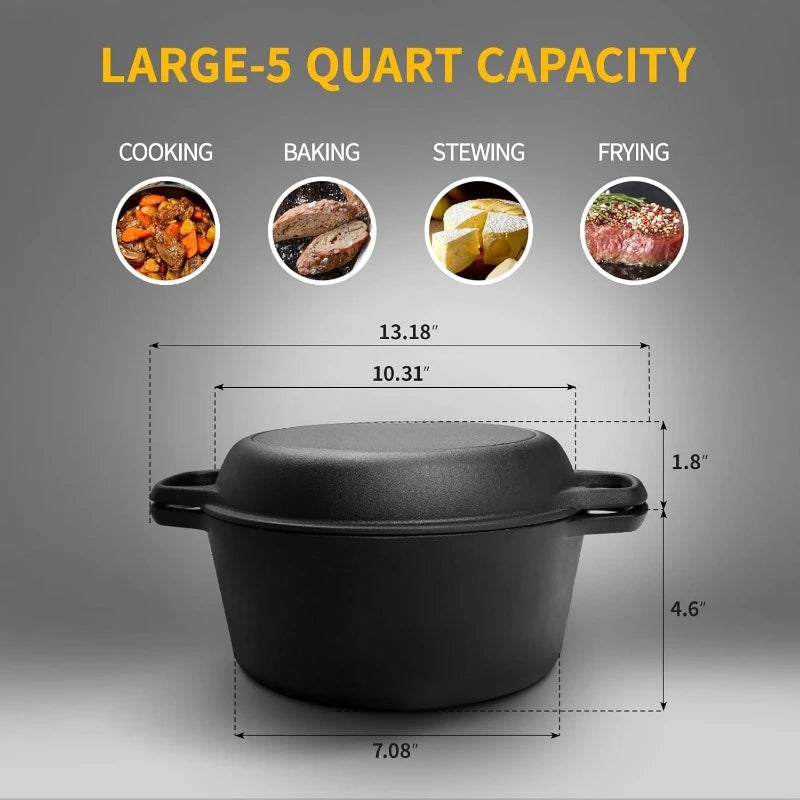 2-in-1 Pre-Seasoned Cast Iron Dutch Oven Frying, Baking, Camping, BBQ, 5QT，home.