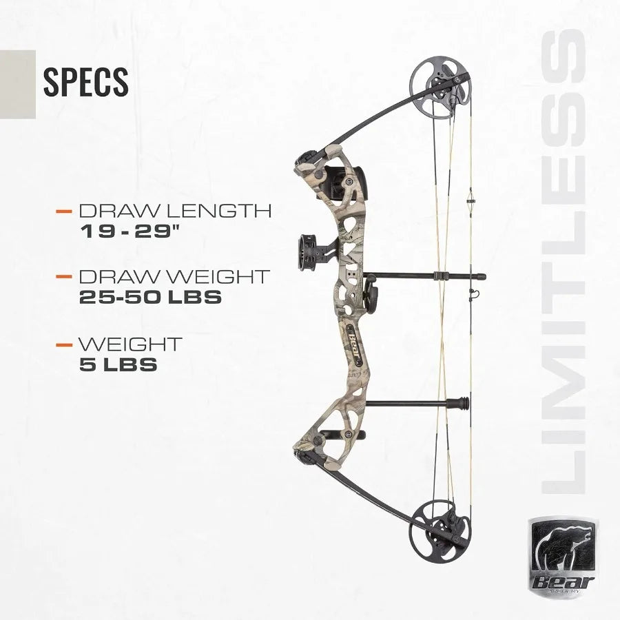 Bear Archery Limitless Dual Cam Compound Bow Includes Quiver Sight and Rest God's Country