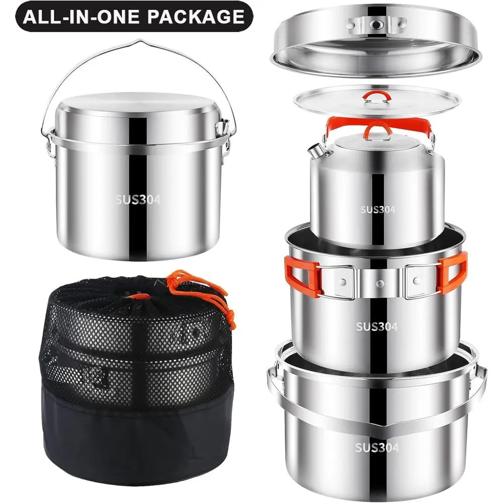 Camping Cookware Set,Camping Cooking Set,304 Stainless Steel Camping Pots and Pans Set,Durable Camping Gear with Kettle for Hiki