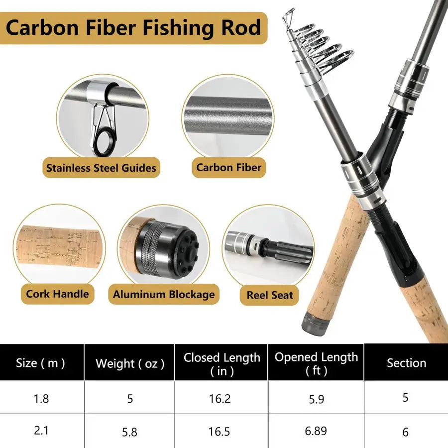 Pole Combo 2PCS Carbon Fiber Fishing Rod and Aluminum Reel Combos with Carrier Bag Sea Saltwater Freshwater Fishing Rod Reel Kit