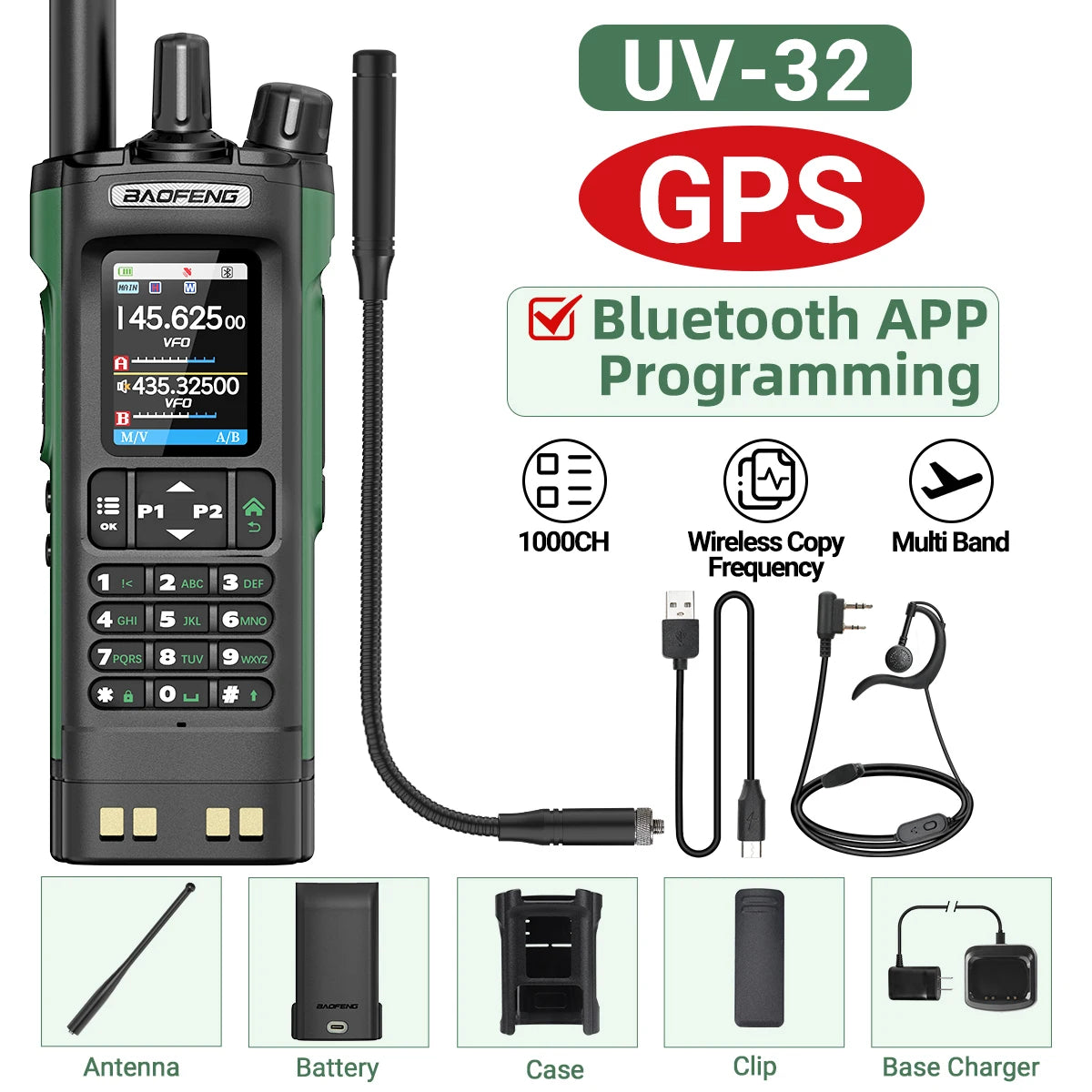 BAOFENG UV-32 GPS Walkie Talkie 10W Multi Band Bluetooth Programming Wireless Copy Frequency NOAA Long Range Ham Two Way Radio