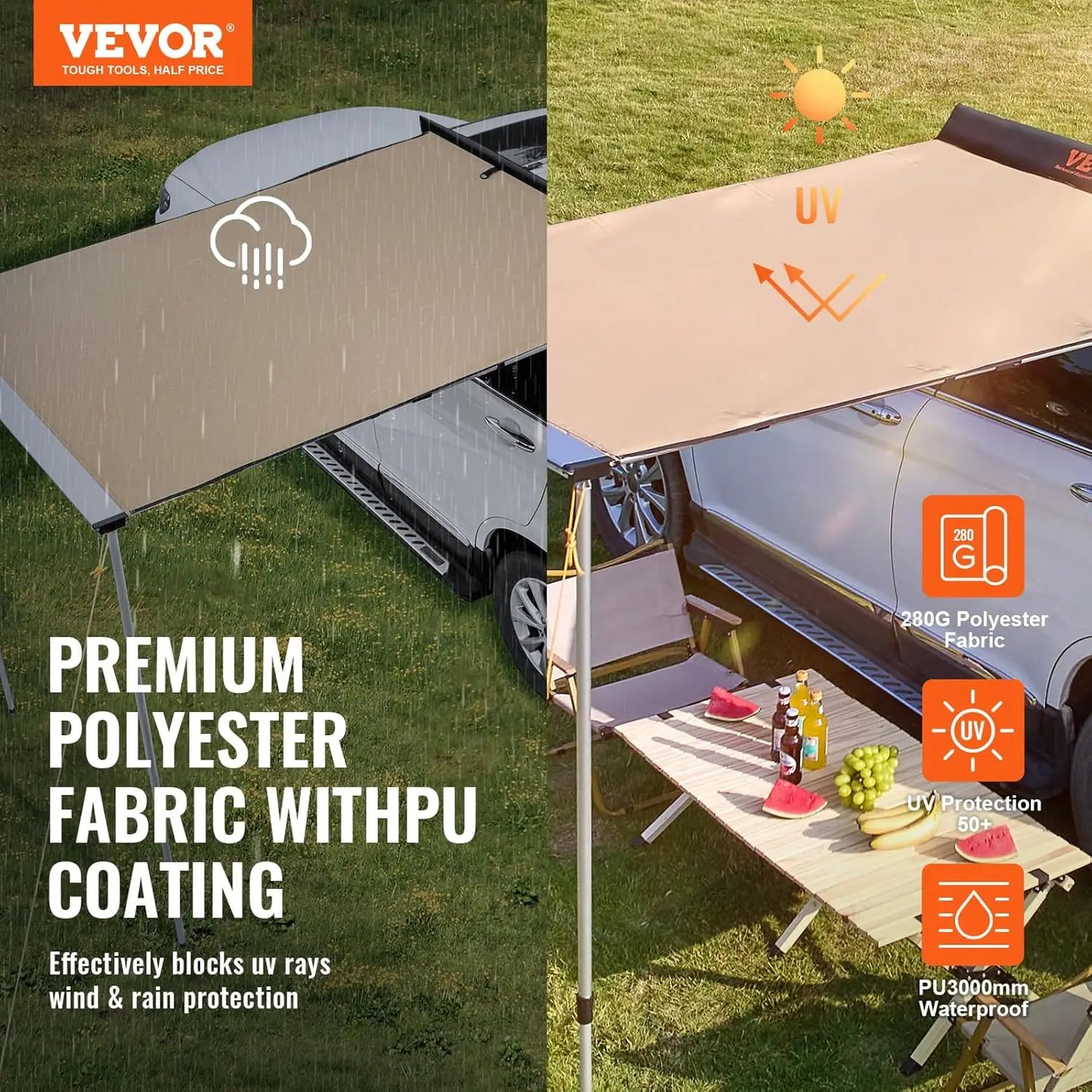 6.6'x8.2' Retractable SUV Awning with UV50+ & Waterproof Storage, Easy Setup for Camping