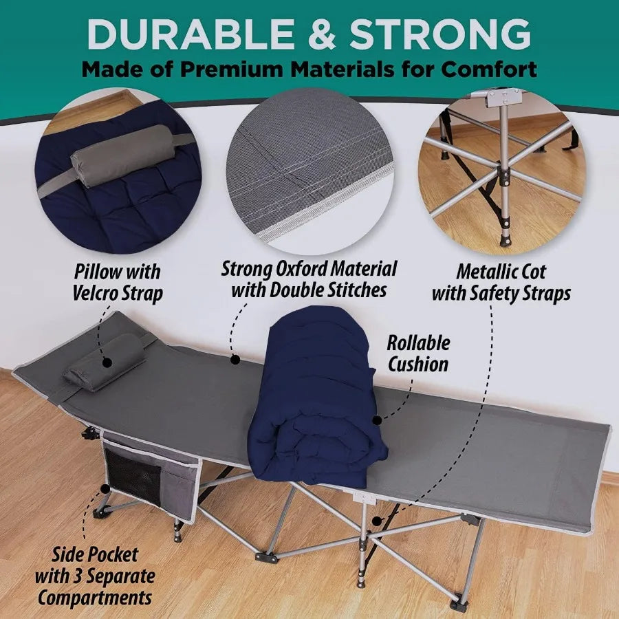 Folding Outdoor Camping Travel Cot and Pad - Premium Quality Lightweight Portable Heavy Duty Adult w/Large Pocket and Cushion G