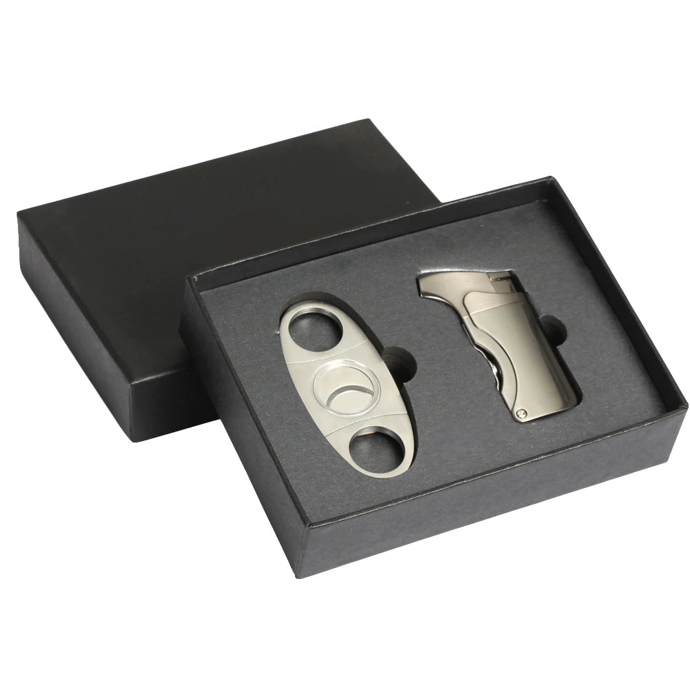 Windproof Butane Lighter Cutter Cigar Accessories Set Metal  Gas Torch Lighters Stainless Steel Sharp Cigar Cutter