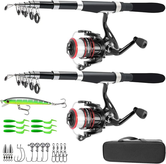 2-Piece Carbon Fiber Telescopic Fishing Rod Combo Set with Reels, Lures, and Bag for Freshwater Saltwater