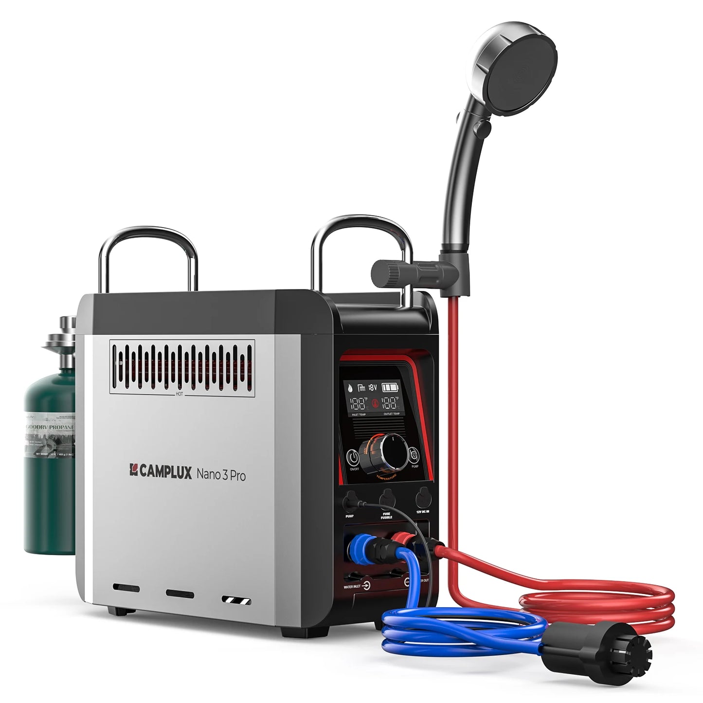 CAMPLUX 1 lb Propane On-Demand Portable Water Heater Nano 3 Pro, Table Top Camp Water Heater & Shower Pump w/Built-in Battery