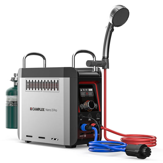 CAMPLUX 1 lb Propane On-Demand Portable Water Heater Nano 3 Pro, Table Top Camp Water Heater & Shower Pump w/Built-in Battery