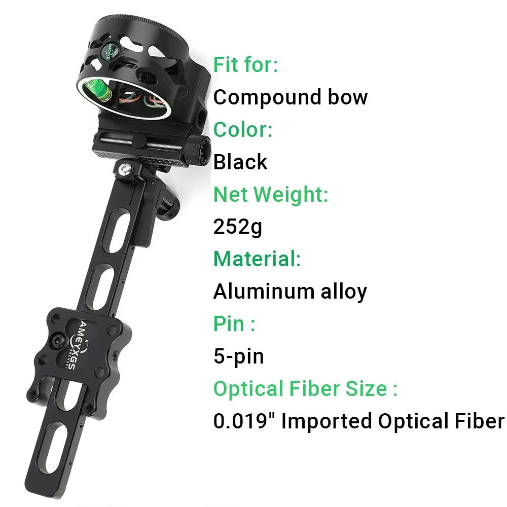Archery Compound Bow Sight 5 Pin Micro Adjustable Sight Light Archery Hunting Shooting Ambidextrous Black Fixed Pin Sight
