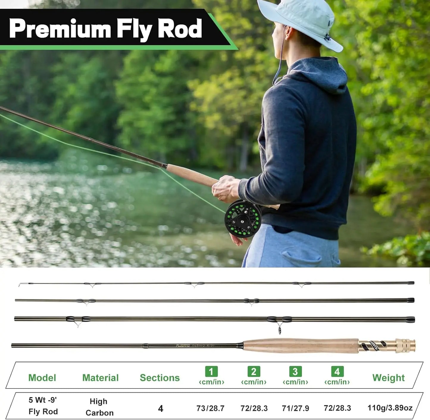4-Piece Lightweight Graphite Fly Fishing Rod and Reel Combo with Complete Starter Kit and Carrier Bag