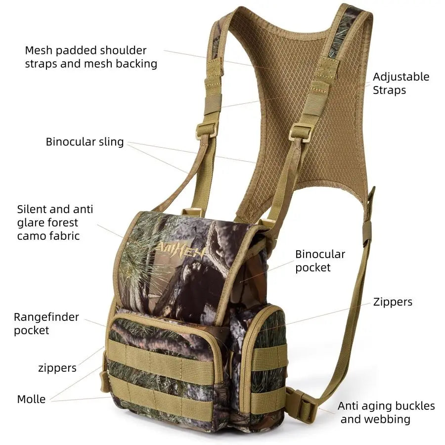 Harness Hunting Chest Pack Silent Anti Glare Bino Bag with Rangefinder Pouch and Magnetic Flap, Also for Birding, Hiking, Fits U