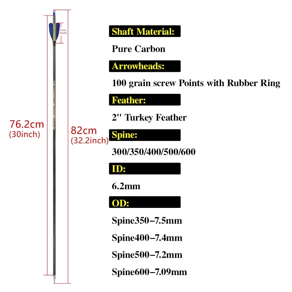 30" Archery Pure Carbon Arrow SP300 2" Natural Feather Recurve Bow Shooting Bow Hunting Target 12pcs Carbon Arrow