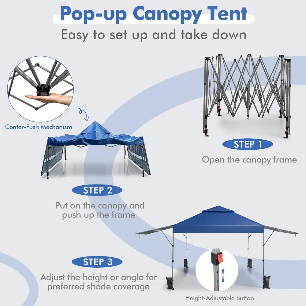 10x17.6 Ft Pop Up Canopy with Adjustable Dual Awnings,with 8 Stakes, 4 Ropes, 4 Sand Bags, Wheeled, 2 Tier Outdoor Canopy Tent