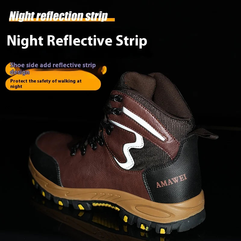 Waterpoof Leather Safety Shoes Men Steel Toe Work Shoes Anti-smash Anti-puncture Indestructible Shoes Protective Boots