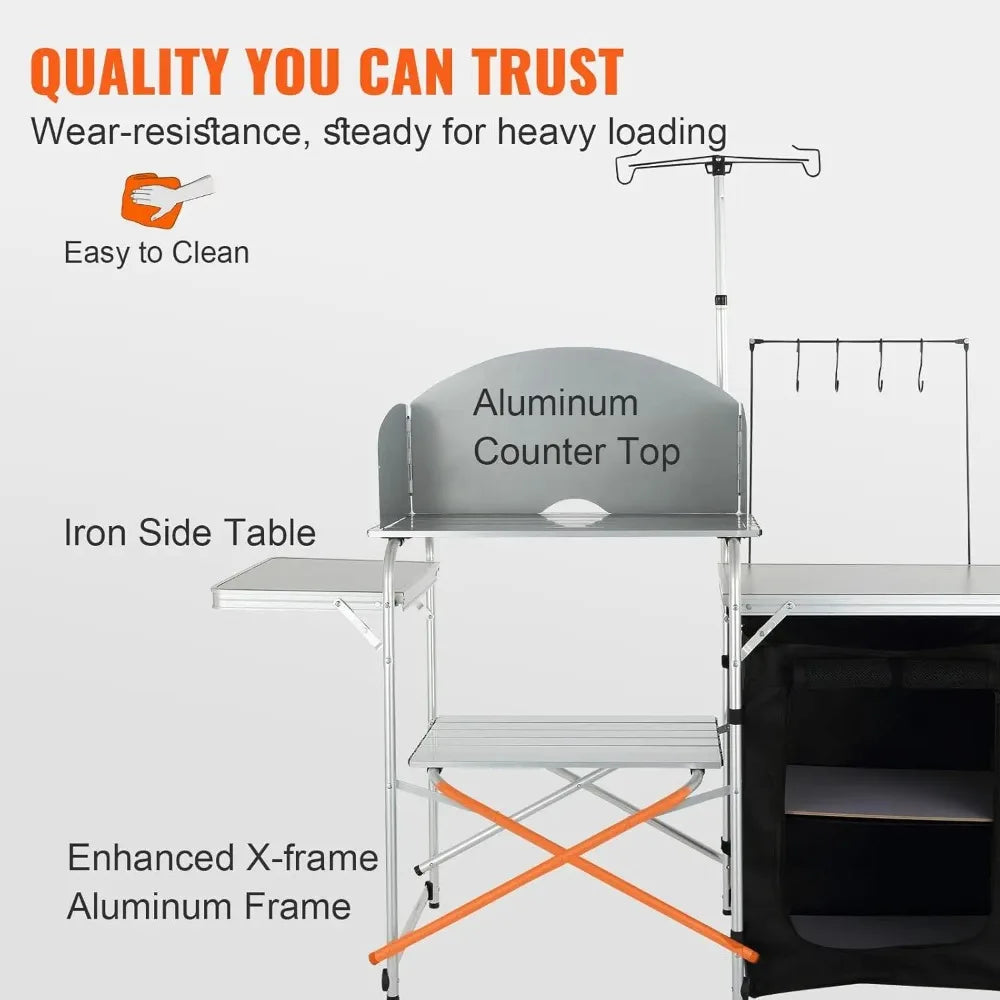Folding Outdoor Cooking Table with Storage Bag, Aluminum Cook Station & Windscreen for Picnics, BBQ, RV Travel