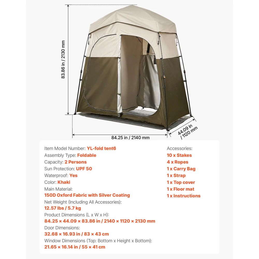 Camping Shower Tent, 2-Room Foldable Portable Privacy Tent Changing Room with Ground Stakes, Ropes, and Carry Bag, 150D Oxford Fabric with Silver Coating, for Camping, Beach, and Fishing