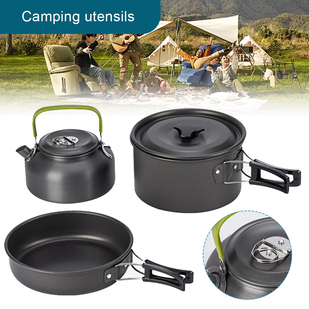 3PCS Outdoor Camping Pot Set Pot Pan Kettle Set Portable Cooker Set with Mesh Bag for Camping Backpacking Outdoor Cooking Picnic