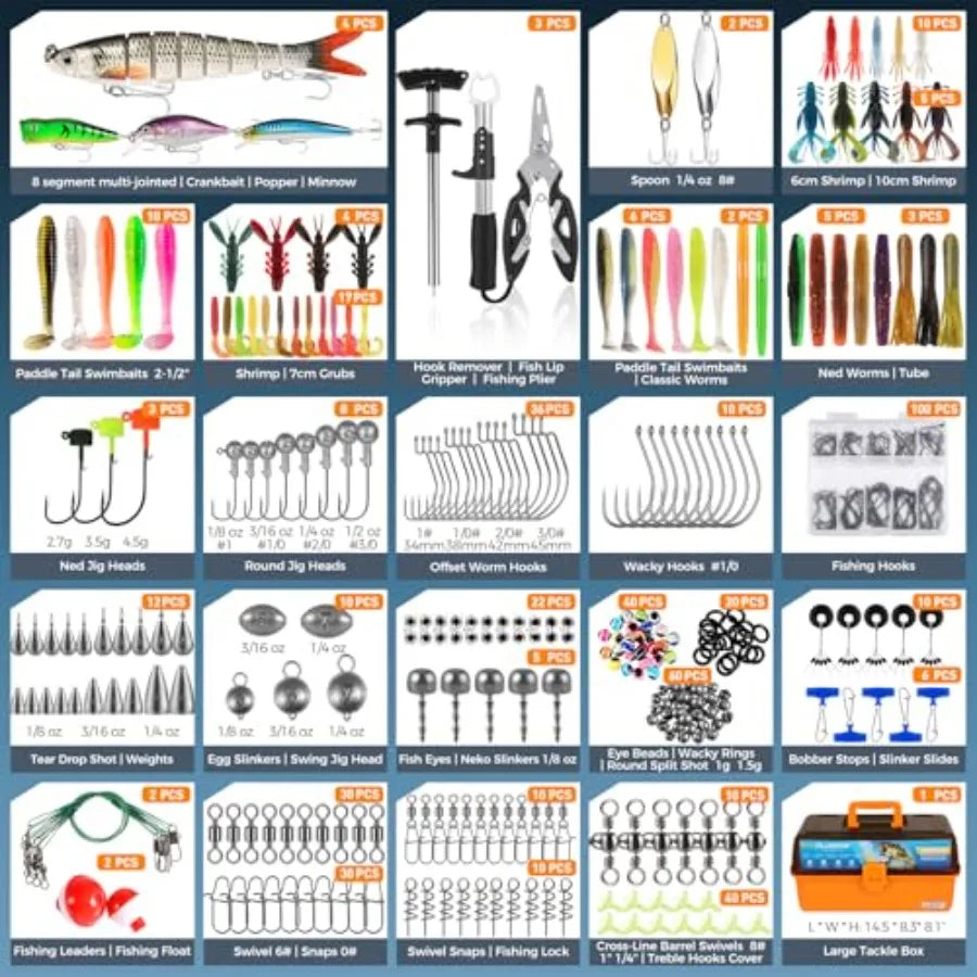 Large 4Layer Tackle Box with 547Pcs Fishing Lures Kit Including Pliers Crankbaits Hooks Weights Accessories for Freshwater Bass
