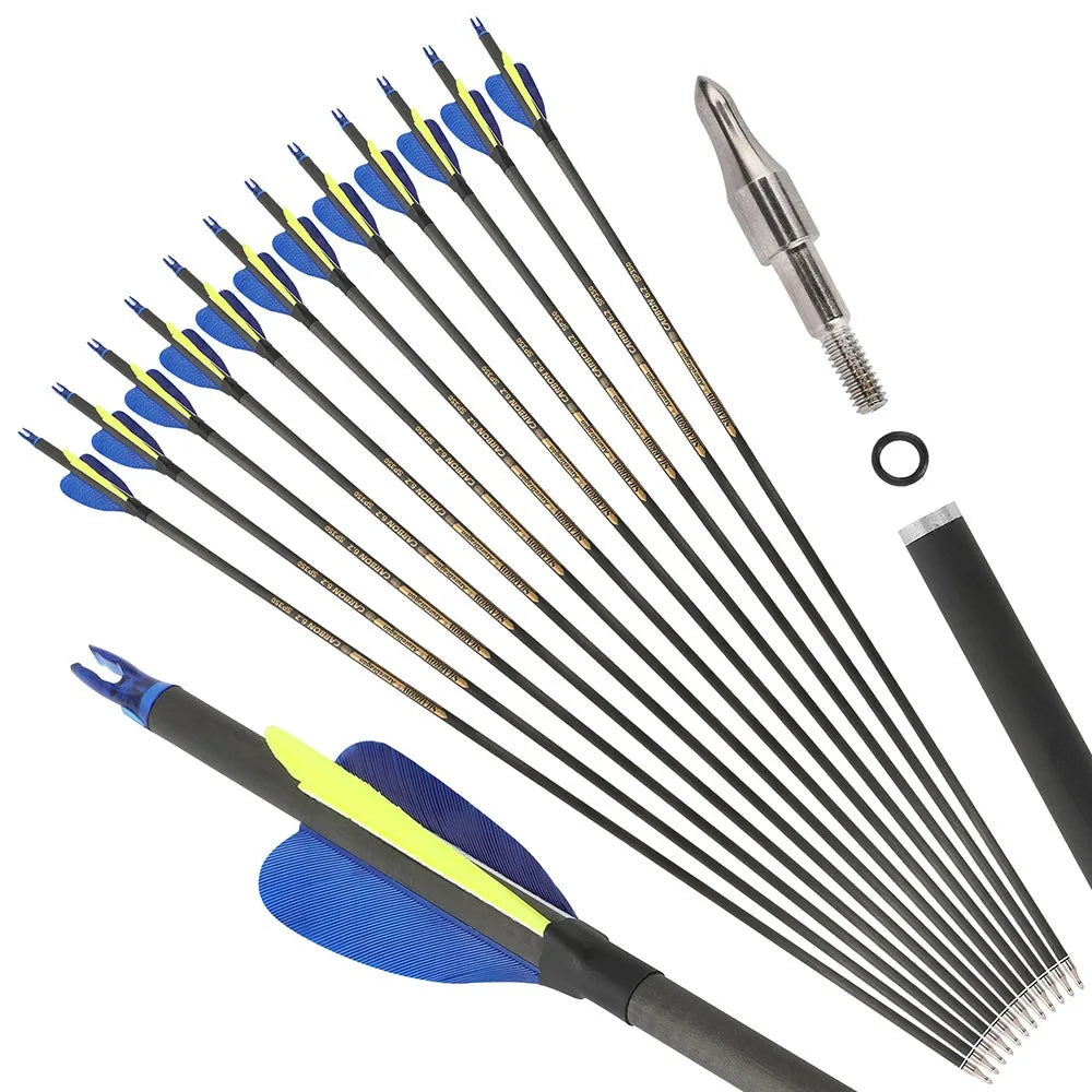 30" Archery Pure Carbon Arrow SP300 2" Natural Feather Recurve Bow Shooting Bow Hunting Target 12pcs Carbon Arrow