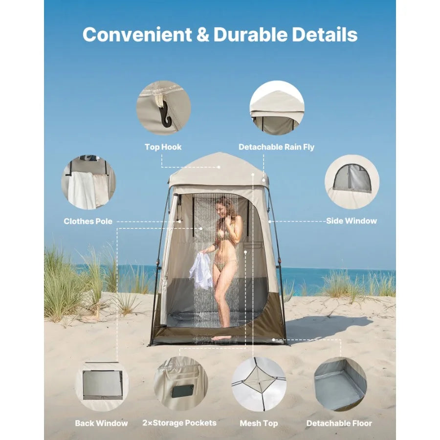 Portable Camping Shower Tent Single Room Foldable Privacy Shelter with Ground Stakes Ropes Carrying Bag and Crossbar Made of Du
