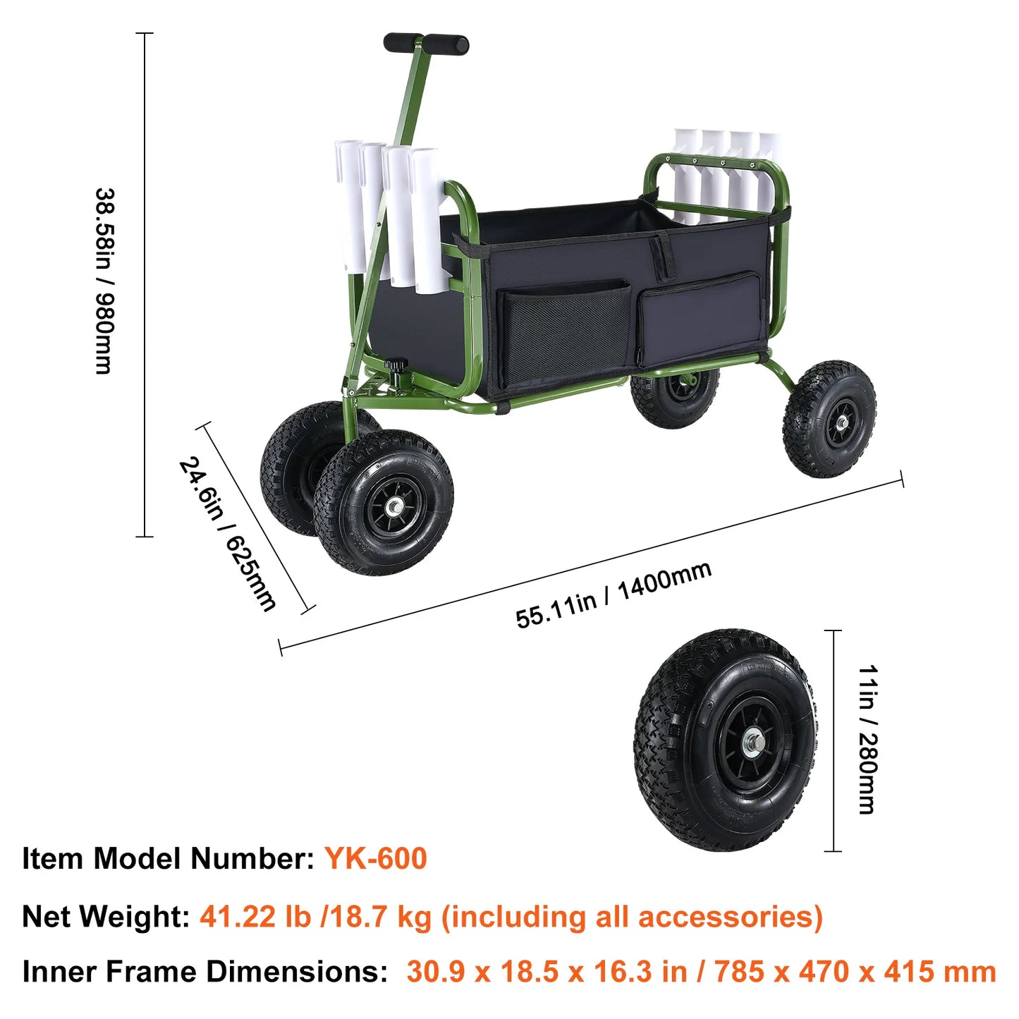 SucceBuy 300lbs Beach Fishing Cart Fish Marine Foldable Cart with 4 11" Wheels 8 Rod Holders Pier Wagon Trolley for Sand Picnic