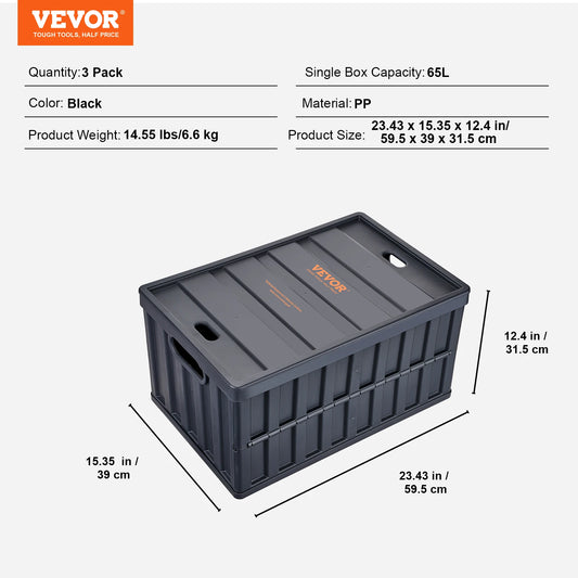 SucceBuy Set of 3 45L/65L Collapsible Storage Bins Folding Stackable Utility Garage Crates with Lids for Clothes Snack Grocery