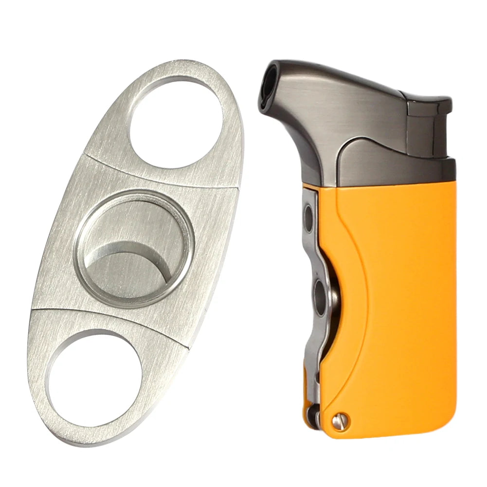 Windproof Butane Lighter Cutter Cigar Accessories Set Metal  Gas Torch Lighters Stainless Steel Sharp Cigar Cutter